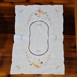 Embroidered Floral Table Runner - White and Pink